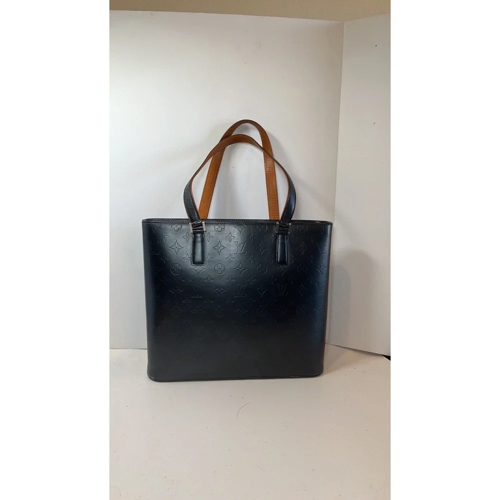 Auth LOUIS VUITTON EmbossedMatt Black LeatherStockton 2 Flap Front Pocket LgTote
